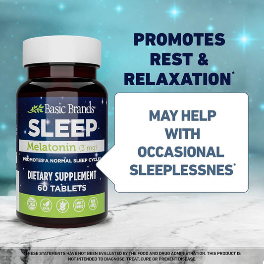 Basic Brands Sleep Melatonin, 3mg, Natural Sleep Support (Pack of 2)