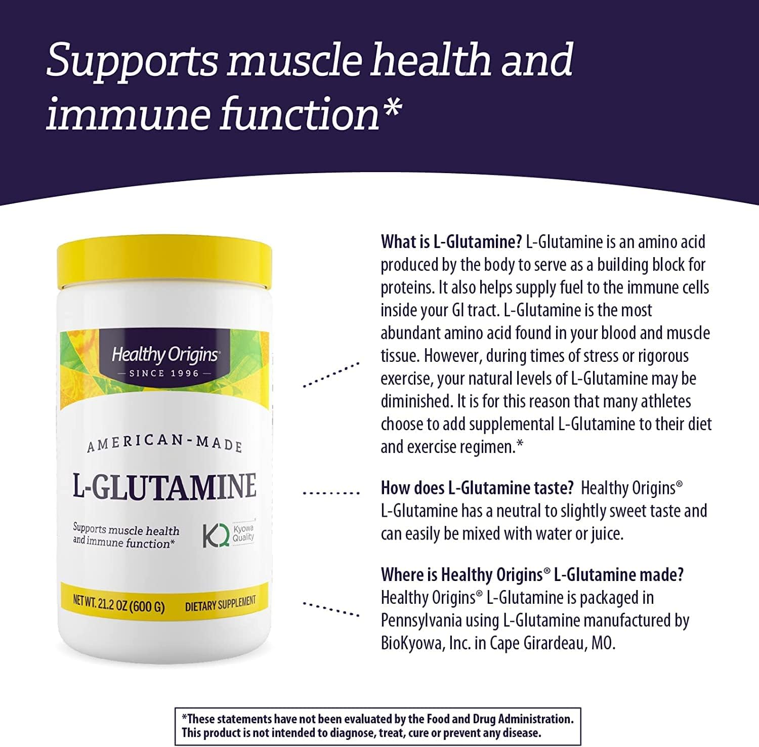 Healthy Origins L-Glutamine Powder, 600 g - Amino Acid & Muscle Strength Support - American-Made L-Glutamine Powder - Immune Support Supplement - Vegan, Non-GMO & Gluten-Free Supplement - 21.2 Oz : Health & Household