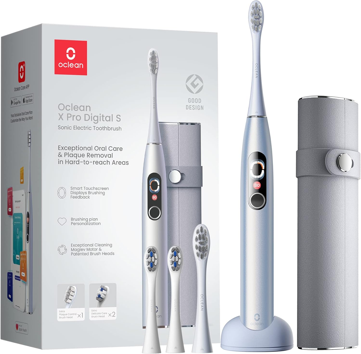 Oclean X Pro Digital Electric Toothbrush With 4X Brush Heads & Travel Case, Smart Sonic Toothbrush Kit For Adults, Real-Time 8 Areas Tracking With Touch Screen, 3 Modes-Silver