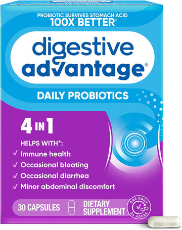 Daily Probiotic Capsule - Digestive Advantage 30 Capsules, Survives 100X Better, Lessens Bloating, Calcium, Promotes Digestive Health And Gut Flora, Multi