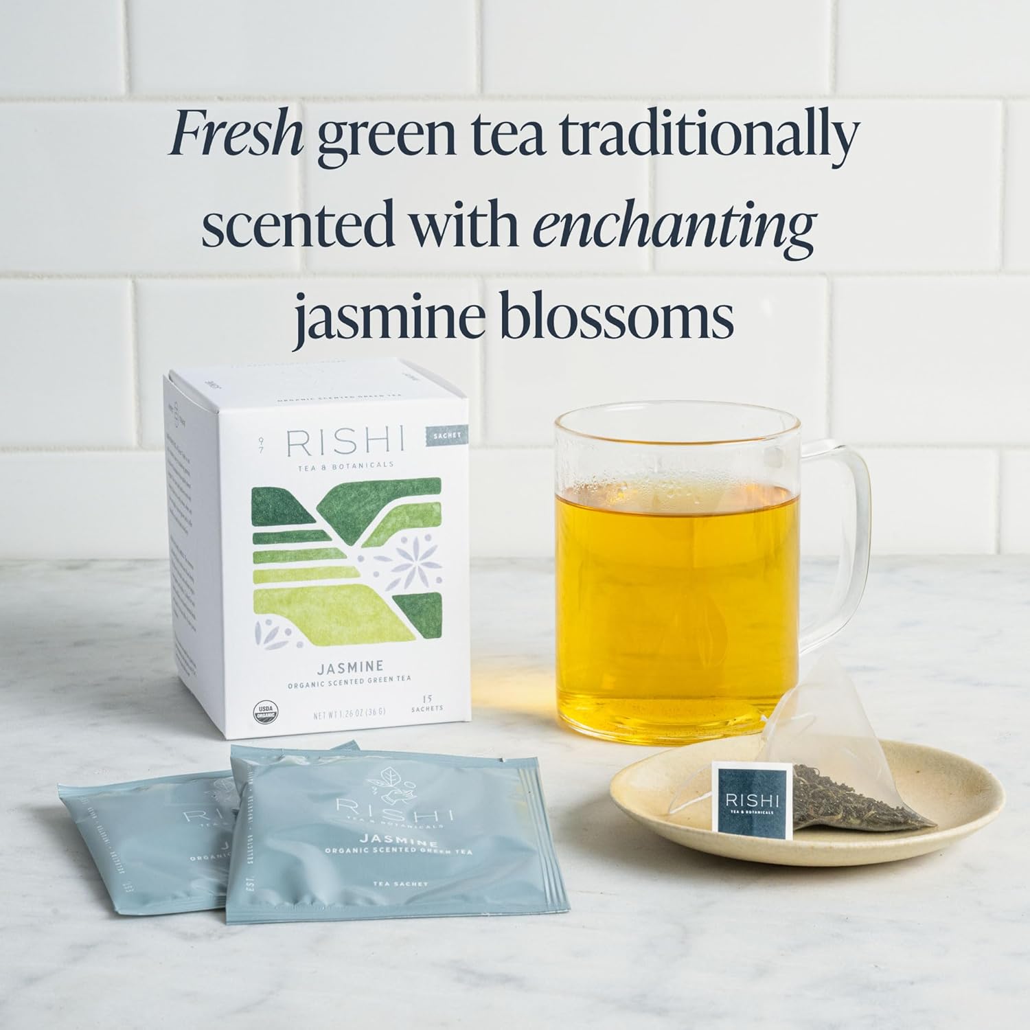 Rishi Tea Jasmine Green Tea - Organic Sachet Tea Bags, Caffeinated Scented Chinese Green Tea With Floral Aroma & Taste - 15 Count (Pack Of 6)