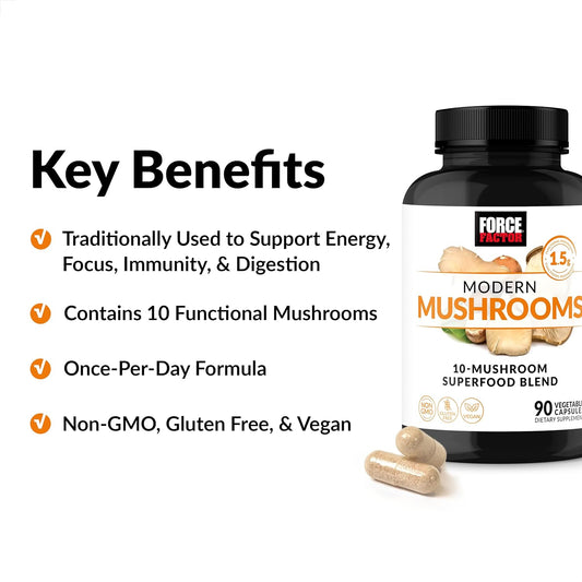 Force Factor Modern Mushrooms Capsules, Mushroom Supplement With Lions Mane, Turkey Tail, & Cordyceps To Support Energy, Focus, Immunity, & Digestion, 90 Vegetable Capsules