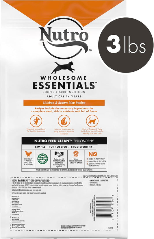 Nutro Wholesome Essentials Adult Hairball Control Natural Dry Cat Food Farm-Raised Chicken & Brown Rice Recipe, 3 Lb. Bag