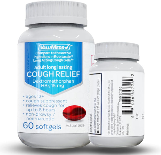 ValuMeds Cough Relief for Adults Dextromethorphan HBr Cold Medicine for Sore Throat 15mg (60 Softgels) 8-Hour, Non-Drowsy, Long-Lasting Bronchial Suppressant