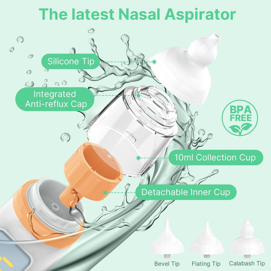 Nasal Aspirator for Baby, Electric Baby Nose Sucker with Adjustable 5 Levels Suction, Baby Nasal Aspirator with Music and Lights, Nose Sucker for Toddler with 3 Tips, Orange