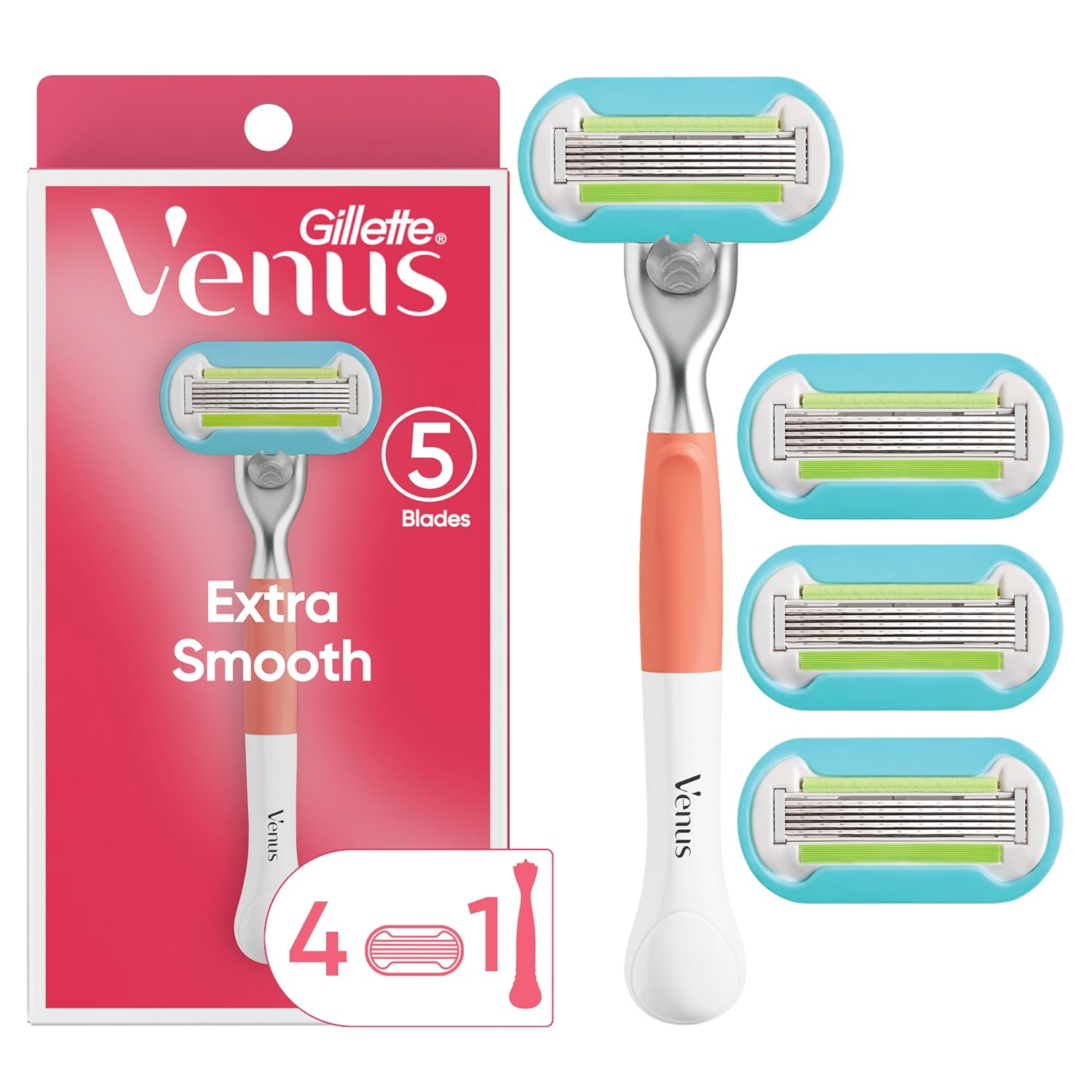 Gillette Venus Extra Smooth Pink Women'S Razor Handle + 4 Blade Refills