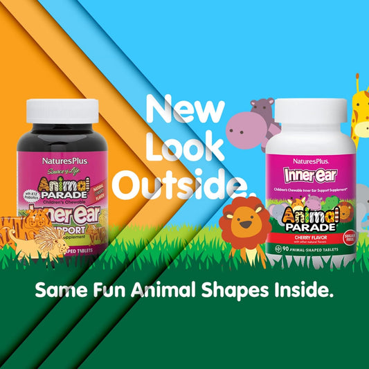 Natures Plus Animal Parade Inner Ear Support Children’S Chewable - Natural Cherry Flavor - 90 Animal-Shaped Tablets - Probiotic Supplement - Gluten Free - 45 Servings
