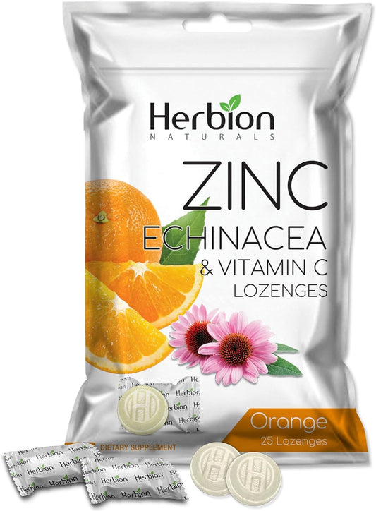 Herbion Naturals Zinc, Echinacea & Vitamin C Lozenges with Orange Flavor, 25 CT - Dietary Supplement for Adults & Children 5+ - Promotes Wellness for The Whole Family