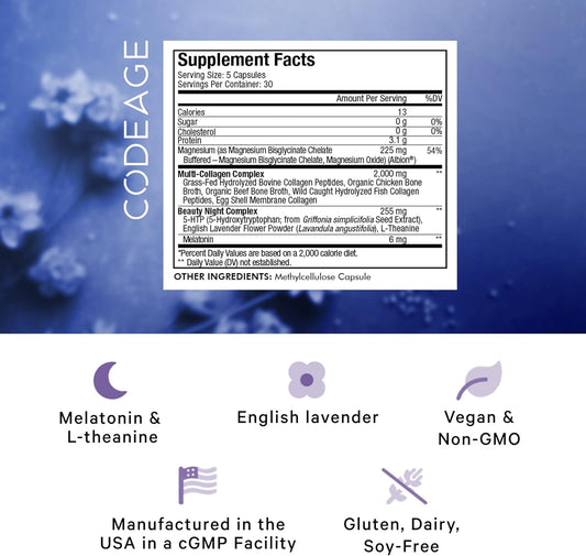 Codeage Multi Collagen Melatonin Magnesium Protein Beauty Night Complex Capsules, 5-Htp, L-Theanine, Supplement Vitamins - Hydrolyzed Collagen Pills - Hair, Skin, Nails, Joints, Sleep - 150 Count