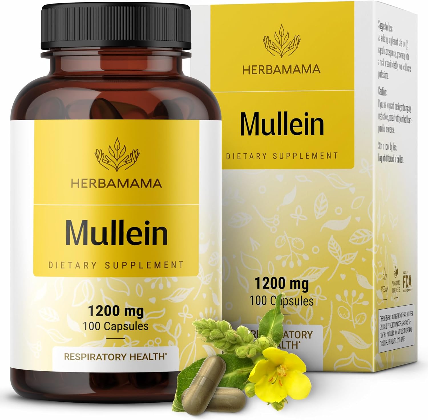 Herbamama Mullein Leaf Capsules - 1200 Mg Mullein For Lung Cleanse & Detox - Respiratory Lung Support Supplements - Vegan, Non-Gmo - 100 Caps