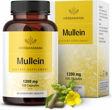 Herbamama Mullein Leaf Capsules - 1200 Mg Mullein For Lung Cleanse & Detox - Respiratory Lung Support Supplements - Vegan, Non-Gmo - 100 Caps