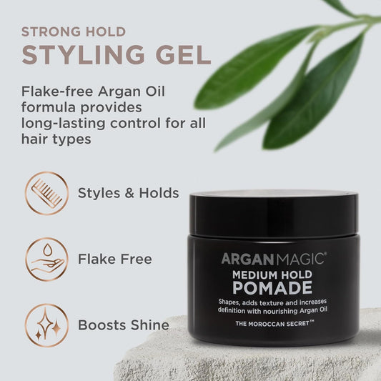 Argan Magic Medium Hold Pomade With Argan Oil | Shapes, Adds Texture, Increases Definition | Made In Usa, Paraben Free, Cruelty Free (8 Oz)