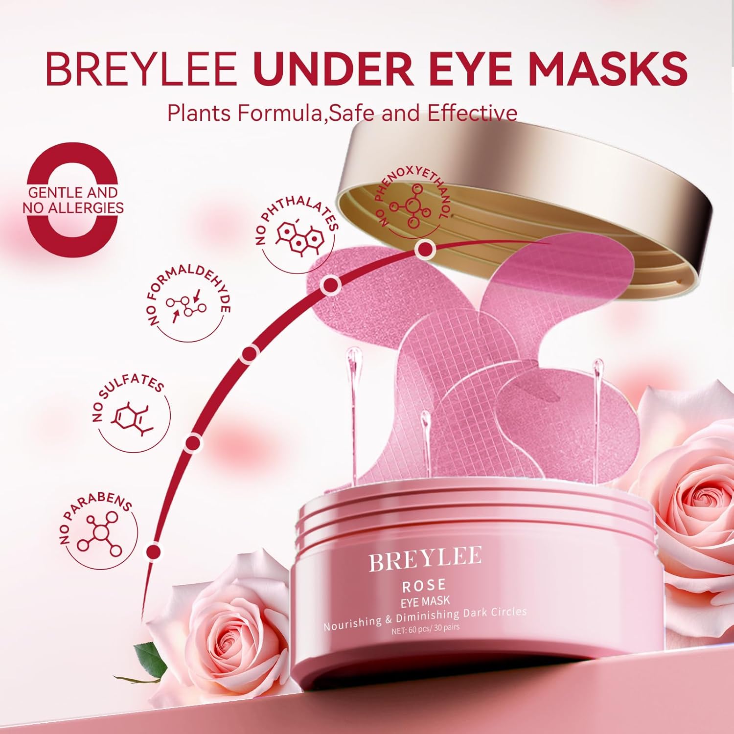 Breylee Rose Eye Mask– 60 Pcs, Under Eye Patches, Patches For Puffy Eyes,Hydrates, Improves And Firms The Eye Area, Suitable For Both Women And Men. : Beauty & Personal Care