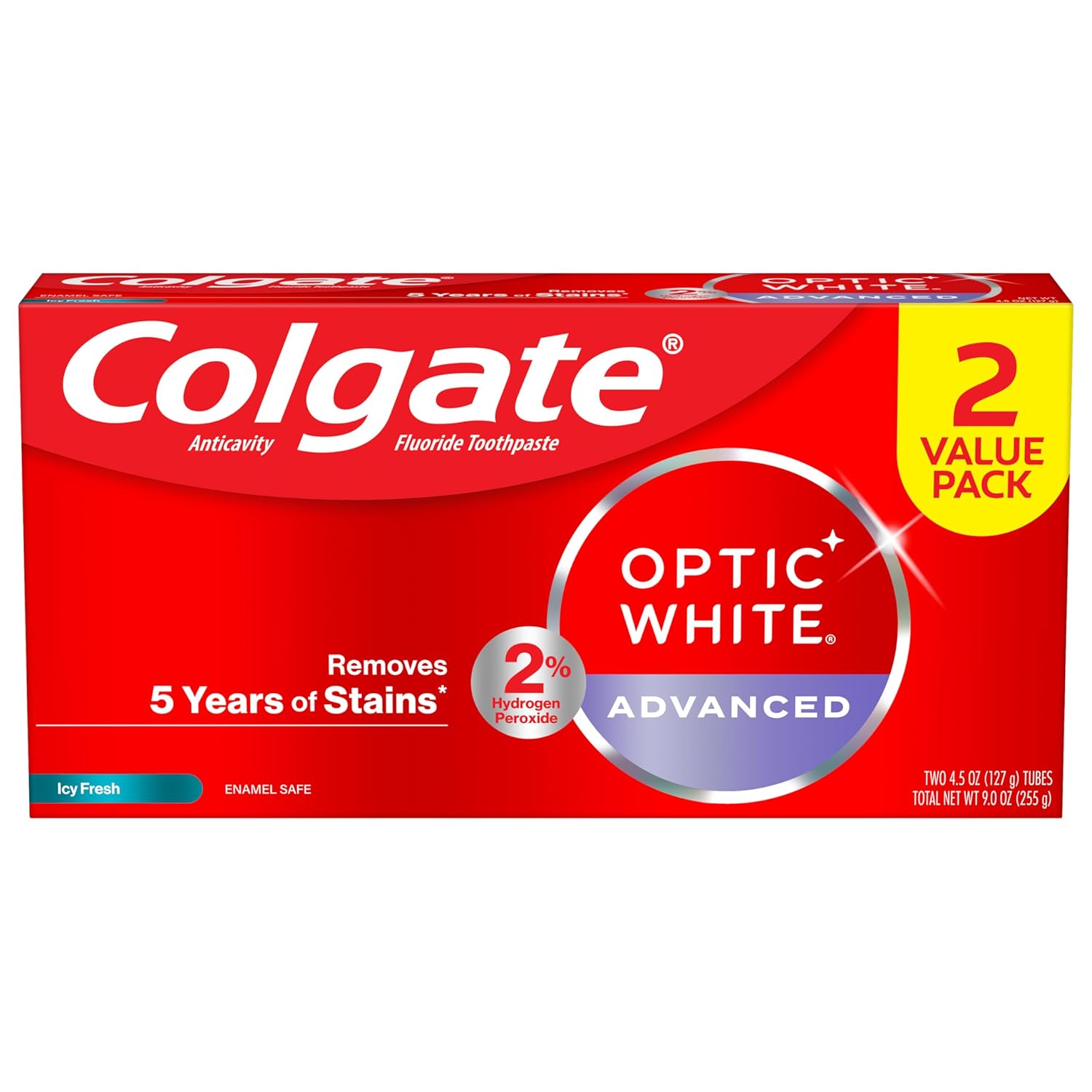 Colgate Optic White Advanced Teeth Whitening Toothpaste, 2% Hydrogen Peroxide Toothpaste, Icy Fresh, 4.5 Oz, 2 Pack