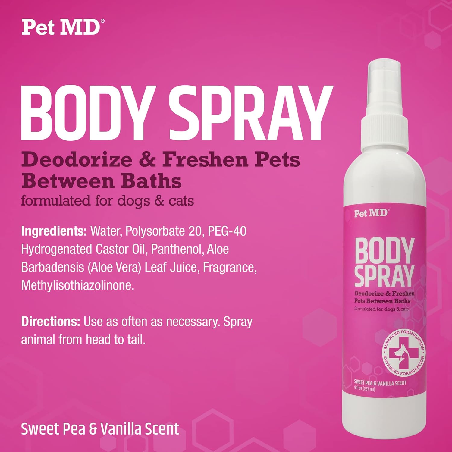 Pet MD Body Spray for Dogs & Cats, Deodorizing Dog Perfume Eliminates Odor, Long-Lasting Pet Cologne Spray for Dogs, Sweet Pea & Vanilla Scent : Pet Supplies