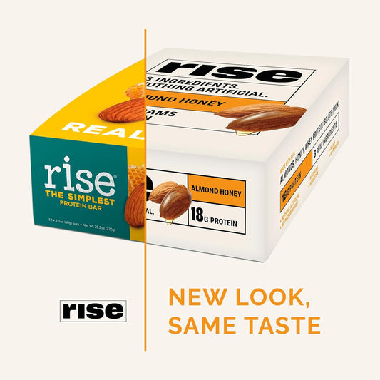 Rise Whey Protein Bars - Almond Honey | Healthy Breakfast Bar & Protein Snacks, 18g Protein, 4g Fiber, Just 3 Whole Food Ingredients, Non-GMO Healthy Snacks, Gluten-Free, Soy Free Bar, 12 Pack