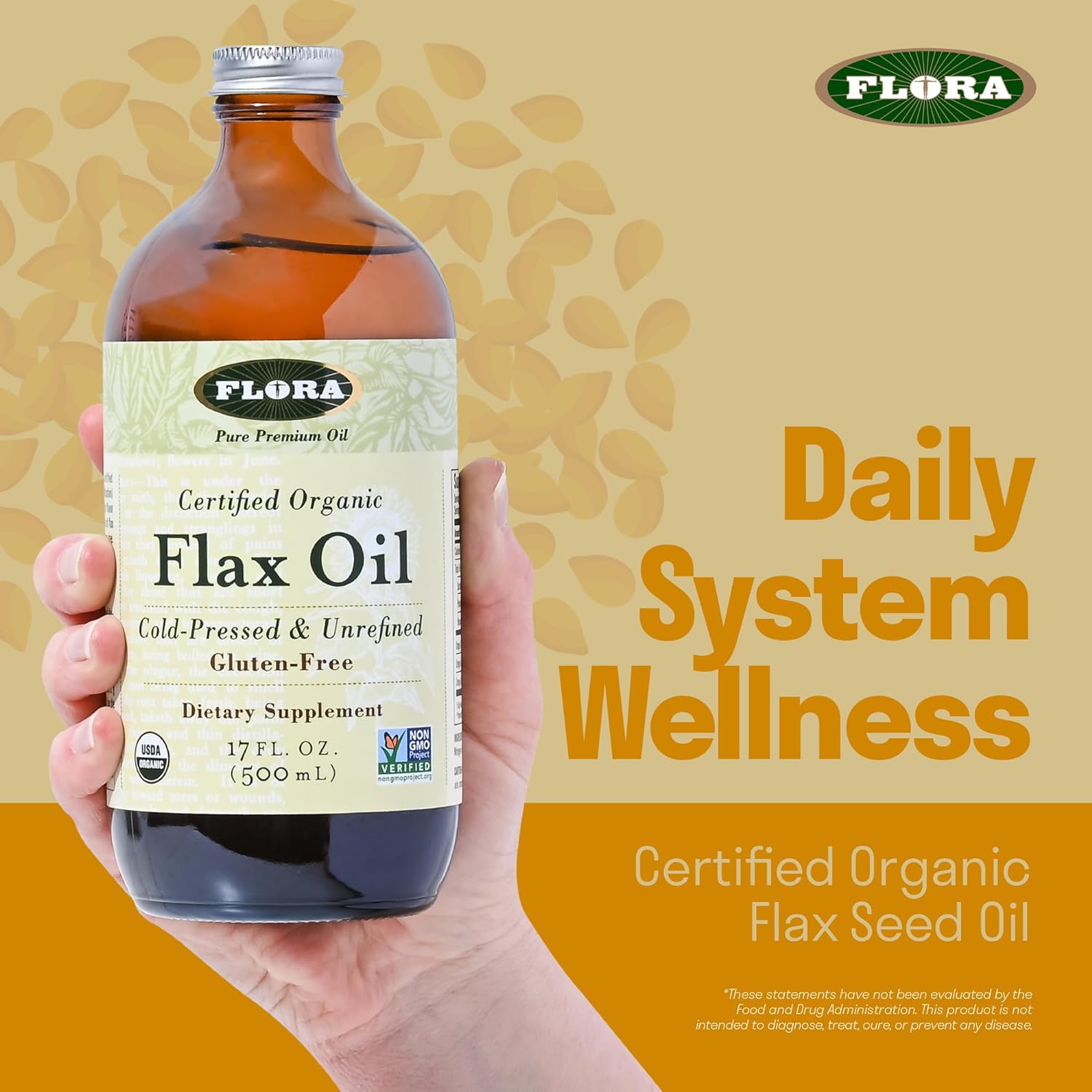 Flora Certified Organic Flax Seed Oil - Cold Pressed & Unrefined - Non-GMO, Gluten-Free, Kosher Omega Flax Oil Blend - Essential Fatty Acids for Wellness - Amber Glass Bottle - 32 oz : Flora Dha Flax Oil : Health & Household