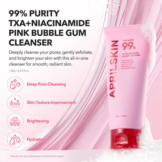 Aprilskin Txa Niacinamide 99 Pore Care Pink Bubble Gum Deep Cleanser | 99% High-Purity Txa+Niacinamide | All-In-One Cleanser: Deep Cleansing, Blackhead Care, Pore Care, Moisturizing | 4.23 Fl.Oz