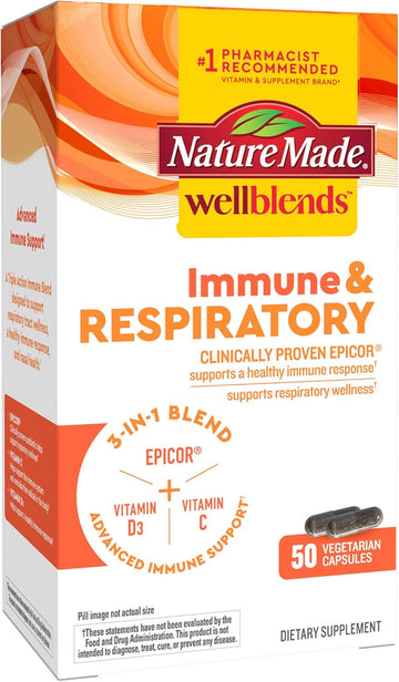 Nature Made Wellends Immune & Respiratory, Epicor Postbiotic, Vitamin C, Vitamin D3, Advanced Immune Support Supplement, 50 Vegetarian Capsules
