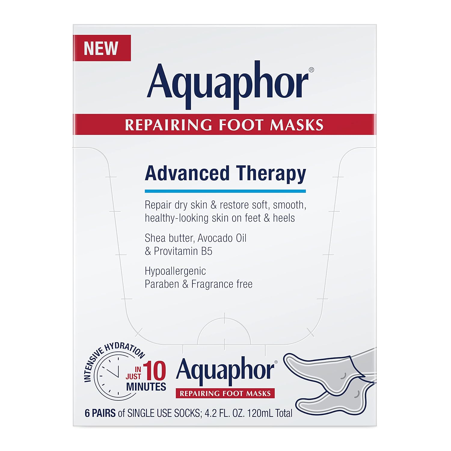 Aquaphor Repairing Foot Masks, Moisturizing Socks For Dry Feet, Hydrating Foot Care Treatment With Avocado Oil And Shea Butter, Pack Of 6