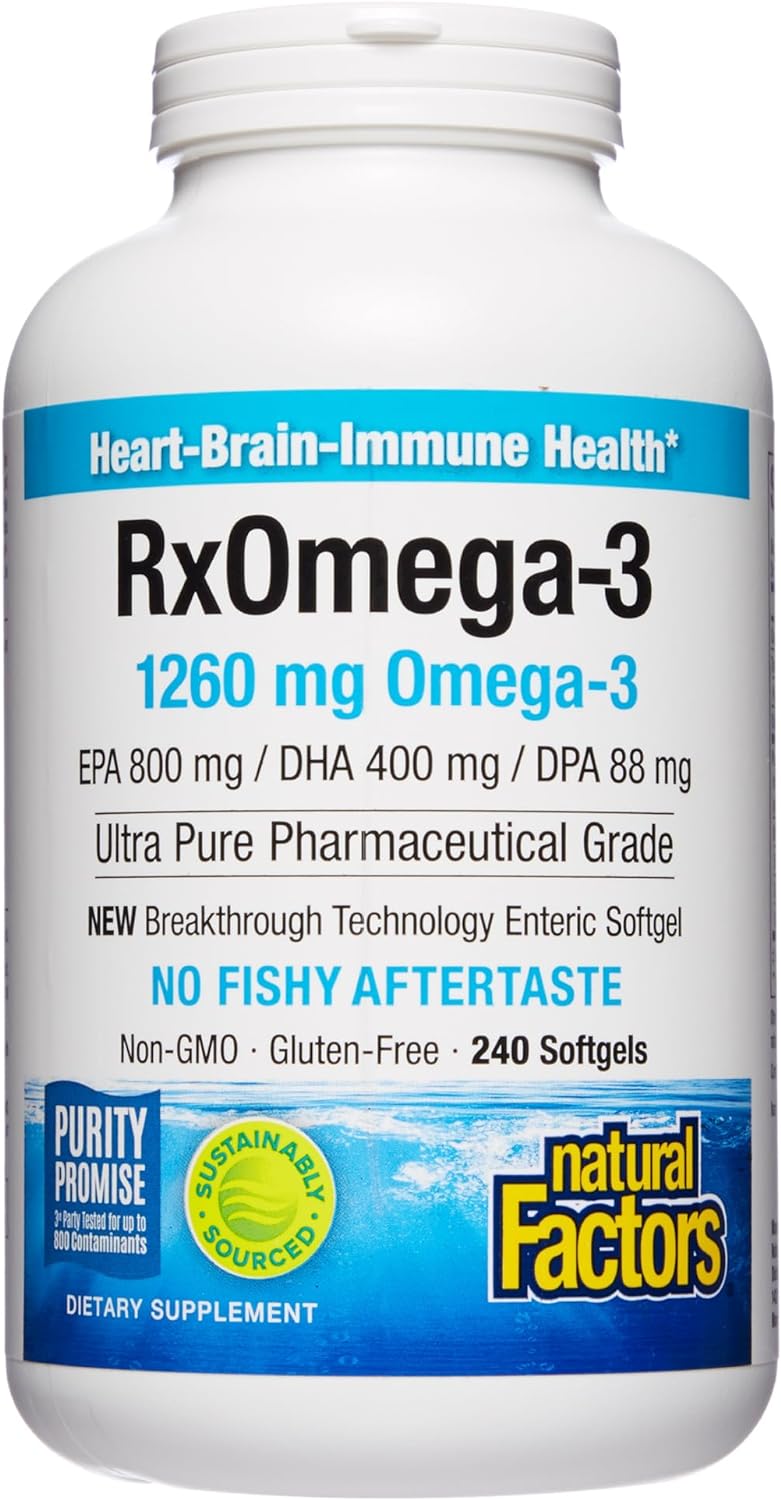 Natural Factors, RxOmega-3 Fish Oil, Pharmaceutical Grade, 1260 mg Omega-3 Per Serving, No Fishy Aftertaste, 240 Count (Pack of 1)