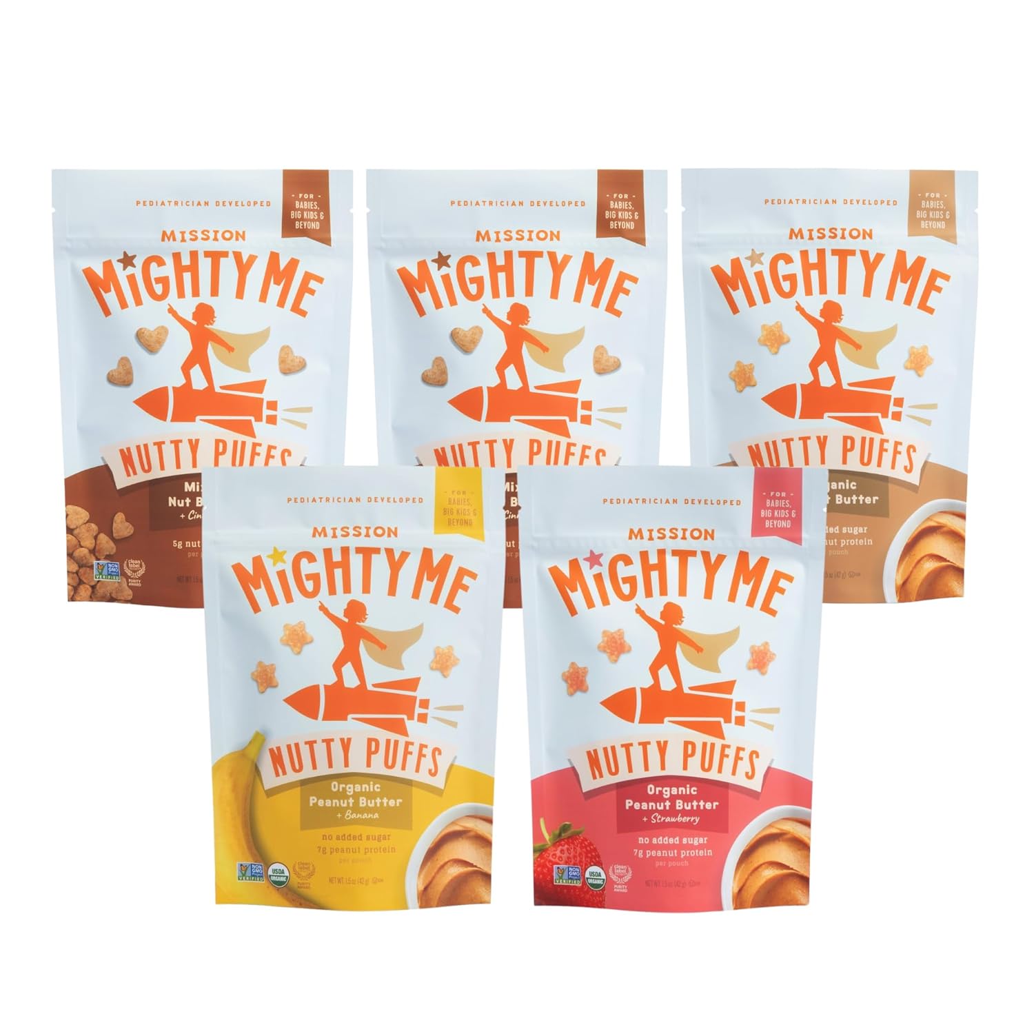 Mission Mightyme Nutty Puffs All-Flavor Variety Pack - Pediatrician Developed - Usda Organic, Plant-Based Protein, Gluten-Free - Peanut, Strawberry, Banana, Tree Nut, Cinnamon Flavors (1.5Oz, 5-Pack)