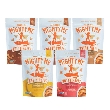 Mission Mightyme Nutty Puffs All-Flavor Variety Pack - Pediatrician Developed - Usda Organic, Plant-Based Protein, Gluten-Free - Peanut, Strawberry, Banana, Tree Nut, Cinnamon Flavors (1.5Oz, 5-Pack)