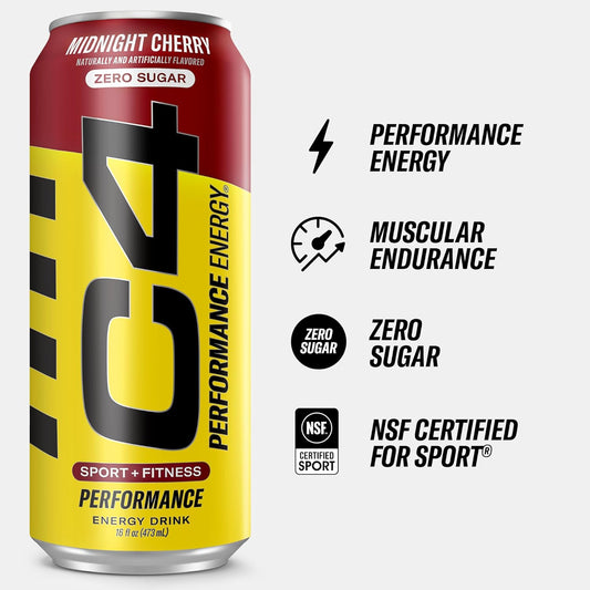 C4 Performance Energy Drink | Zero Sugar Carbonated Preworkout Energy | 200Mg Caffeine With Beta Alanine | Midnight Cherry | 16 Fl Oz (12 Pack)