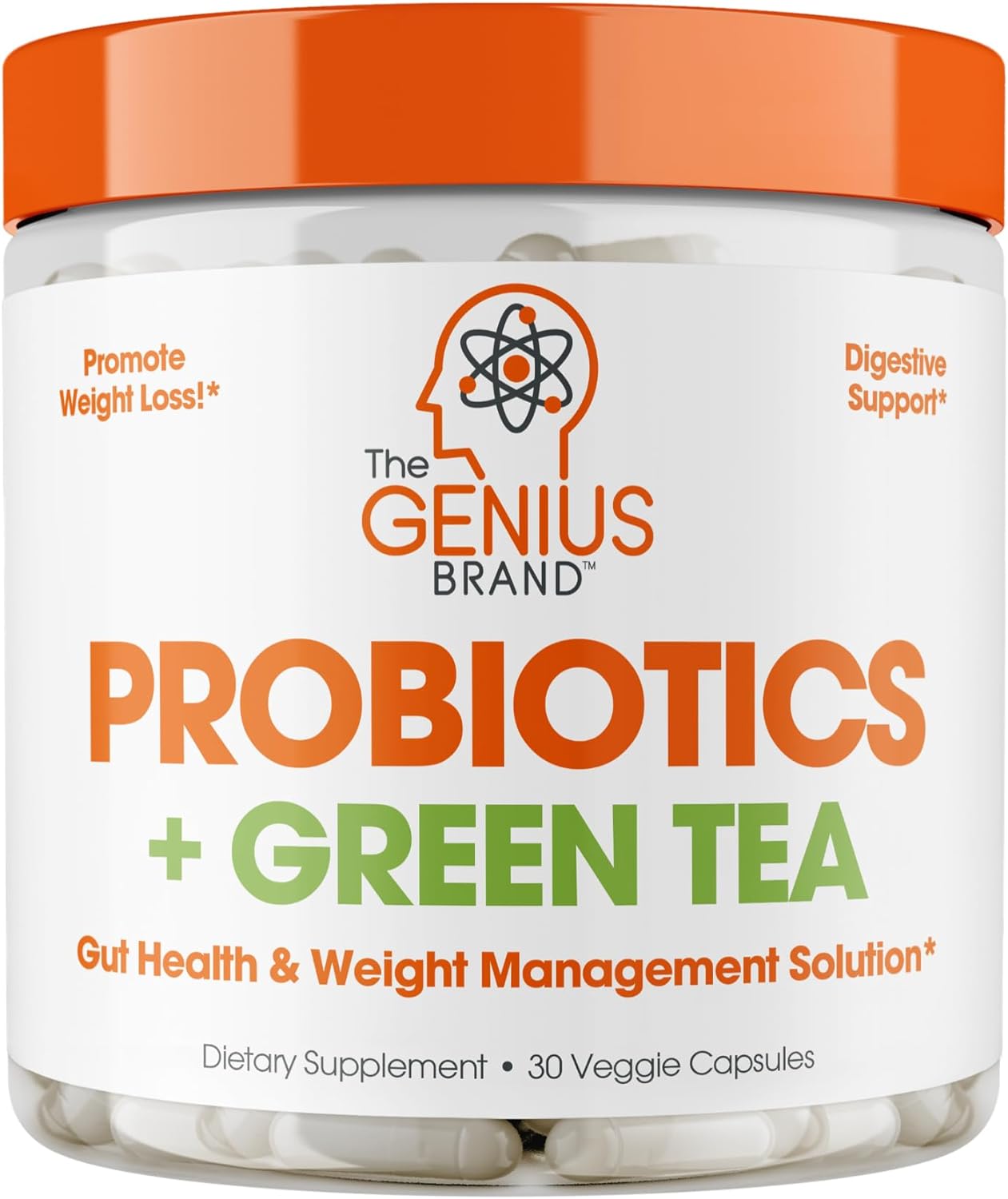 Genius Probiotics For Weight Loss With Green Tea Extract - Fat Burner Supplement & Digestive Health Pills For Bloating Relief For Women & Men - Shelf Stable Probiotic Metabolism Booster - 30 Servings