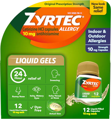 Zyrtec 24 Hour Allergy Relief Liquid Gels, Antihistamine Capsules With Cetirizine Hcl Allergy Medicine For All-Day Relief From Runny Nose, Sneezing, Itchy Eyes & More, 12 Count