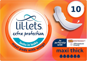 Lil-Lets Extra Protection Maxi Pads X 10 (1 pack), with Wings, for Extremely Heavy Flow Periods and Perimenopause