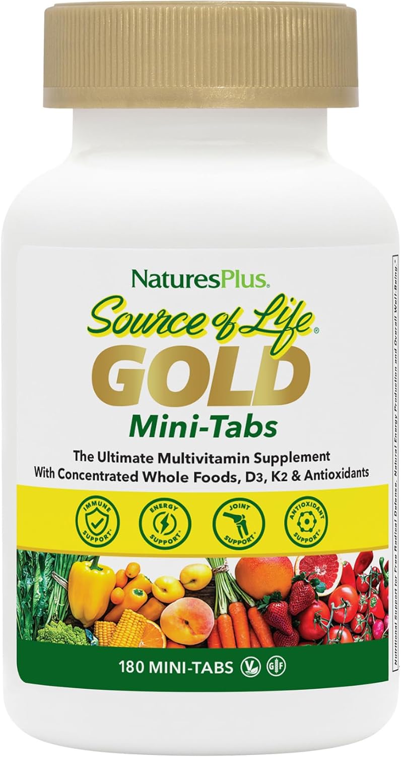 Natures Plus Source Of Life Gold Multivitamin - 180 Mini-Tabs, Pack Of 2 - With Vitamins D3, B12 & K2 - Vegetarian & Gluten Free - 60 Total Servings