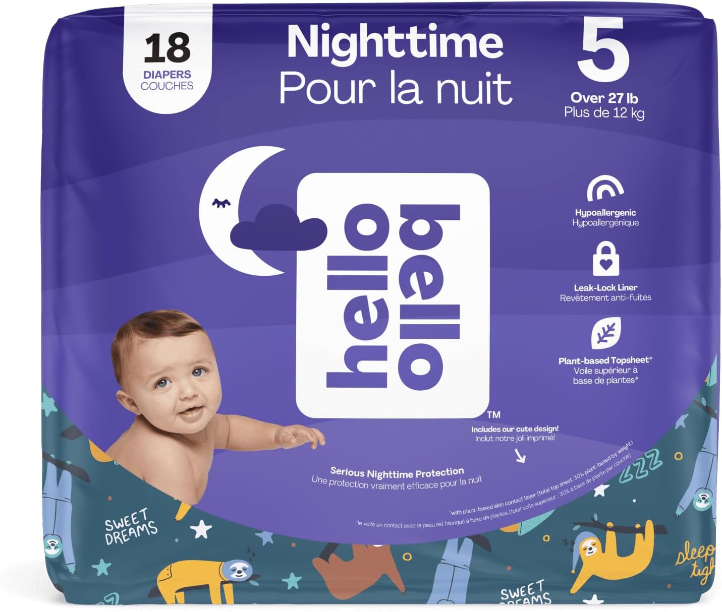 Hello Bello Premium Overnight Baby Diapers Size 5 I 18 Count Of Ultra Absorbent And Super Soft Nighttime Disposable Diapers For Babies And Toddlers I Sleepy Sloths