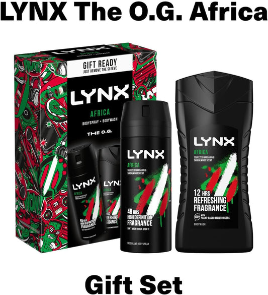 Lynx The O.G. Africa Duo 48Hrs Odour Protection Body Spray 150 Ml And 12Hrs Refreshing Fragrance Body Wash 225 Ml 2 Pieces Ready To Wrap Gift Set For Him,2Pk