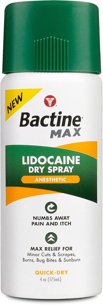 Bactine Max Dry Spray For Pain Relief With 4% Lidocaine - Numbing Spray With Cooling First Aid - Pain + Itch Relief For Minor Cuts, Scrapes, Burns, Bug Bites, Sunburns & Postpartum Care - 4 Oz