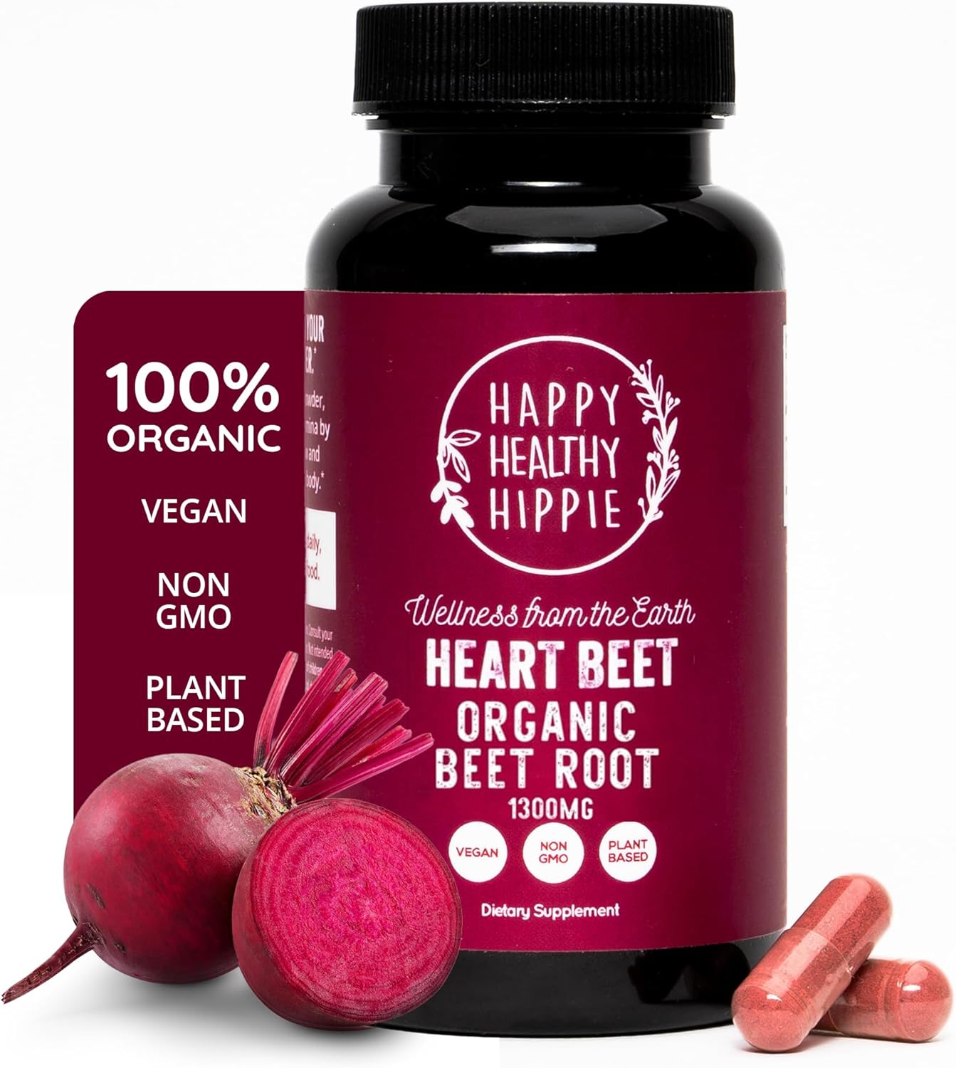 Organic Beet Root Capsules [1,300Mg Superfood] - Blood Pressure Support Supplements, Beet Root Powder - Nitric Oxide Supplement, Blood Flow & Blood Circulation | Antioxidant, Brain Food | Vegan, 60 Ct