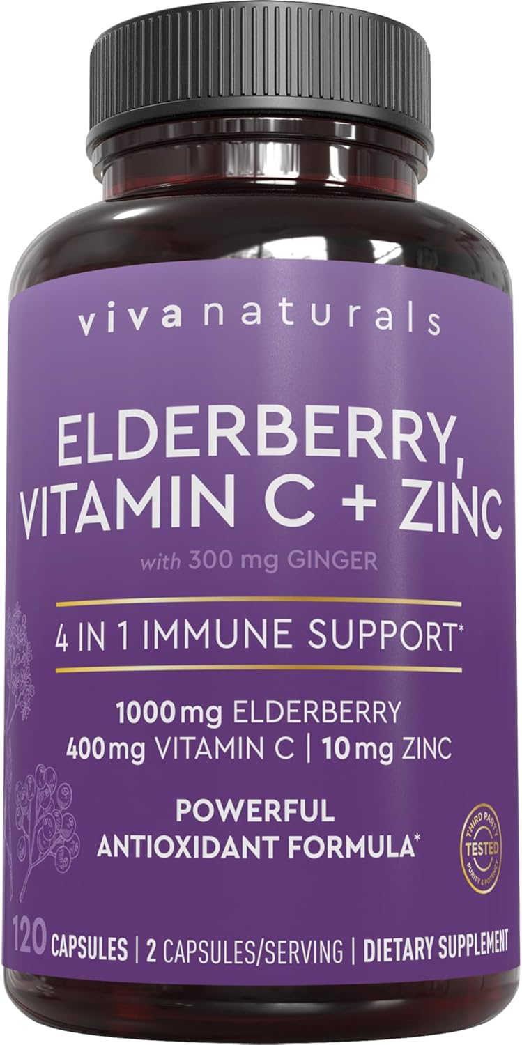 Viva Naturals 4-In-1 Daily Immune Support Supplement, 120 Capsules - 1000Mg Sambucus Black Elderberry With Zinc And Vitamin C For Adults + Ginger - 2 Month Supply