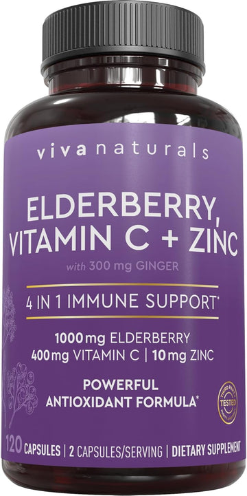 Viva Naturals 4-In-1 Daily Immune Support Supplement, 120 Capsules - 1000Mg Sambucus Black Elderberry With Zinc And Vitamin C For Adults + Ginger - 2 Month Supply