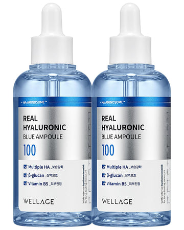 Wellage Real Hyaluronic Blue Ampoule 100, Fragrance Free Hyaluronic Acid Ampoule, Hydrating Non Sticky Serum For Sensitive Dry Skin, 2.54 Fl.Oz. 2 Pack