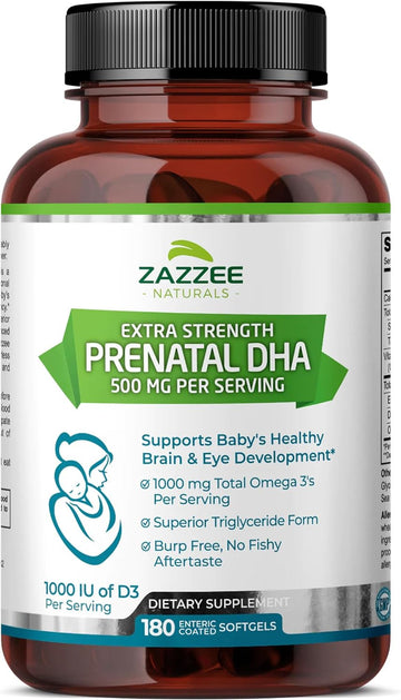 Zazzee Extra Strength Prenatal Dha 500 Mg, 180 Enteric Coated Softgels, 1000 Mg Omega 3’S, 1000 Ui Vitamin D3, Burp Free, No Fishy Aftertaste, Superior Triglyceride Form, Purified Deep Sea Fish Oil