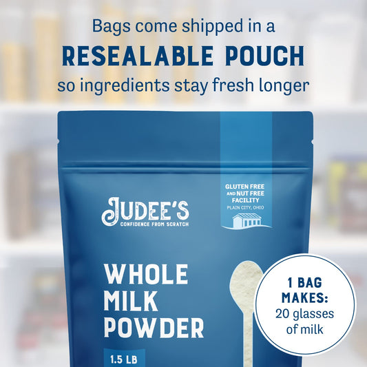 Judee's Pure Whole Milk Powder - 100% Non-GMO, rBST Hormone-Free, Gluten-Free and Nut-Free - Pantry Staple, Baking Ready, Great for Travel, Easy to Store and Shelf Stable - Made in USA - 1.5 lb (24oz)