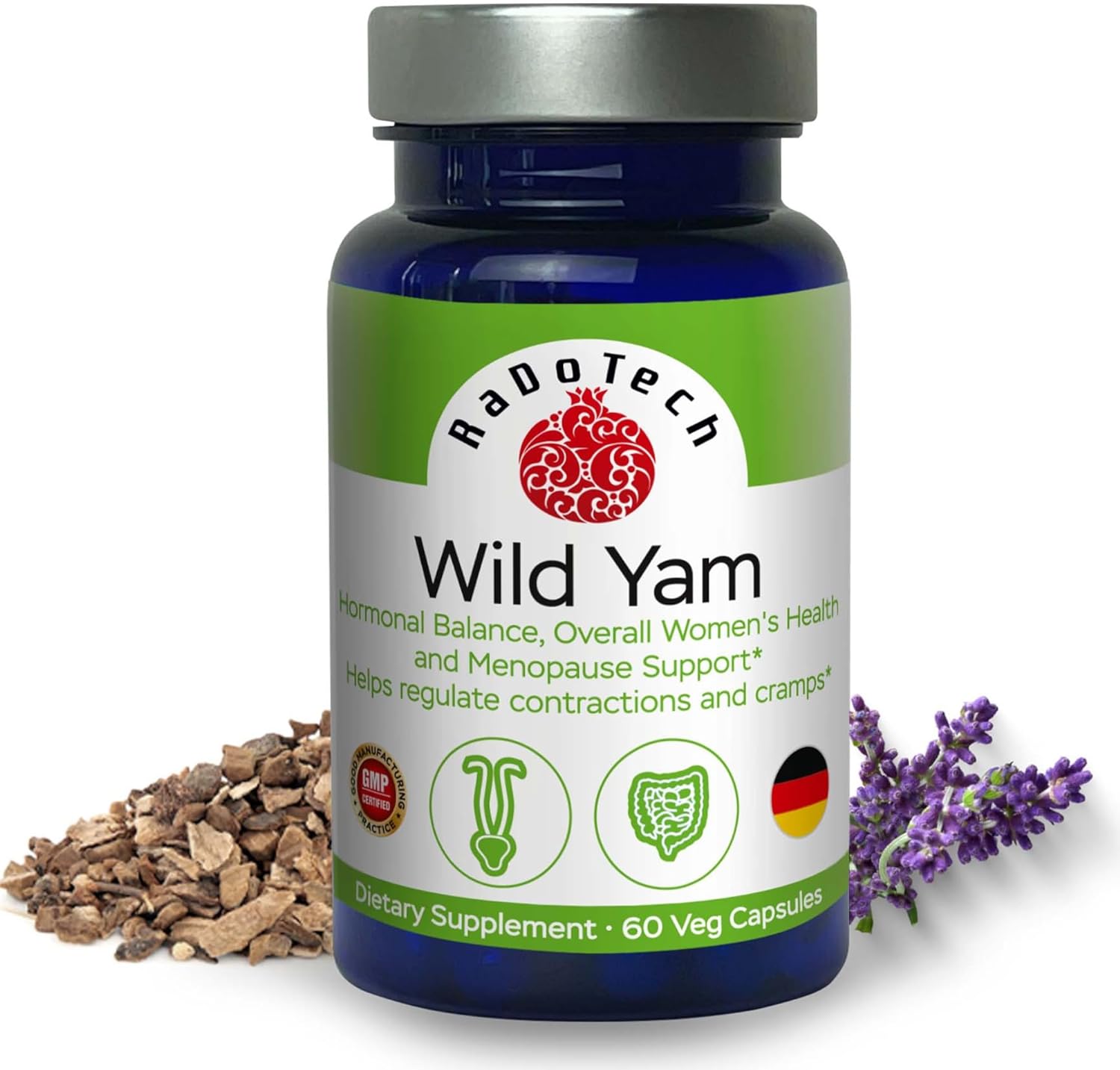 Wild Yam Menopause Supplements for Women, Premenstrual and Menopause Support and Hormone Balance, Relaxes Muscles, Alleviates Cramps and Other Discomforts, 60 Veg Capsules, GMP