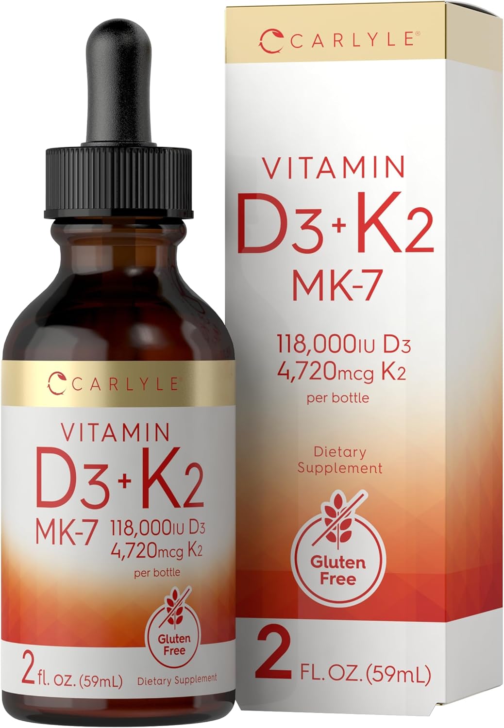 Carlyle Liquid Vitamin D3 with K2 Drops | 2 Fl Oz | MK-7 Supplement | Vegetarian, Non-GMO, Gluten Free