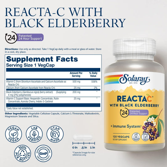 Solaray Reacta-C With 500Mg Vitamin C, 200Mg Sambucus Black Elderberry Extract, Immune System Defense Vitamins, Patented 24 Hour Immunity Booster Support Supplement, Vegan, 120 Capsules, 120 Servings