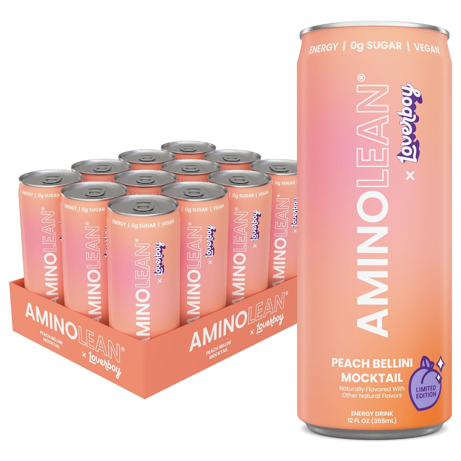 Aminolean X Loverboy Peach Bellini Energy Drink – Sugar Free Anytime Energy With Natural Caffeine & Vegan Amino Acids For No Jitters, Tingles, Or Crash, 12 Pack