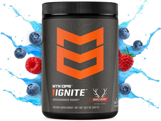 Mtn Ops Ignite Energy Drink Powder, Gluten Free Nootropic Supplement Drink Mix, L Arginine, L Citrulline, Caffeine & Nootropic Sugar Free Drink Mix, 45 Servings, Bugle Berry