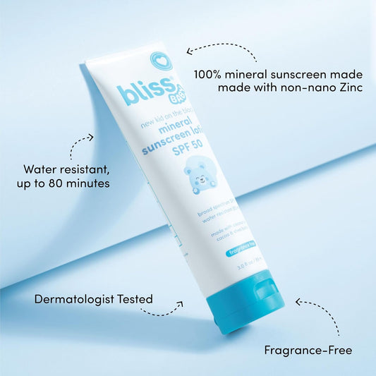 Bliss Baby Sunscreen, Premium Spf 50 Mineral Lotion, Natural Zinc Oxide, Fragrance-Free, Hypoallergenic & Dermatologist Tested, Water-Resistant, Vegan, Sensitive Skin - For Babies, Kids & Whole Family