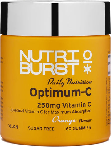 Nutriburst Optimum C - Liposomal Vitamin C (250Mg) - Energy & Immune System Support - Orange Flavour - 60 Gummies 1 Month Supply - Suitable For Vegans