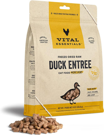 Vital Essentials Freeze Dried Raw Cat Food, Duck Mini Nibs Entree, 8 Oz