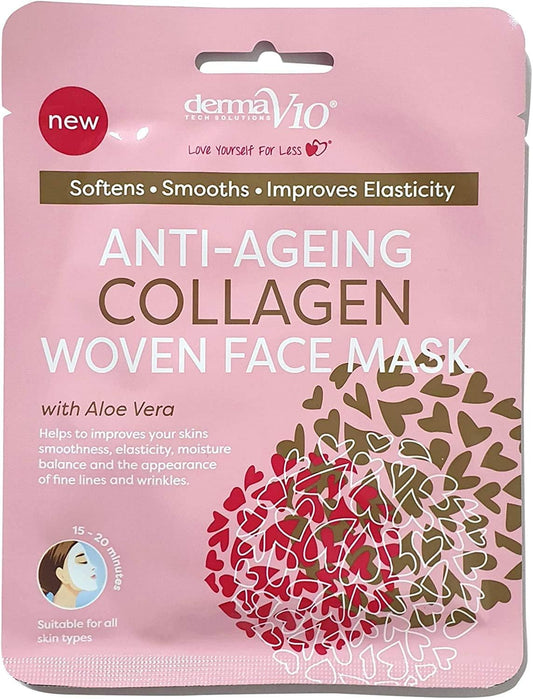 Derma V10 Woven Face Mask With Aloe Vera 4 Pack Vegan Suitable For All Skin Types (Anti-Ageing Collagen)